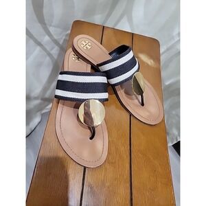 Tory Burch Black White Canvas Patos Disk Open Toe Slip On Leather Sandals- Sz 10